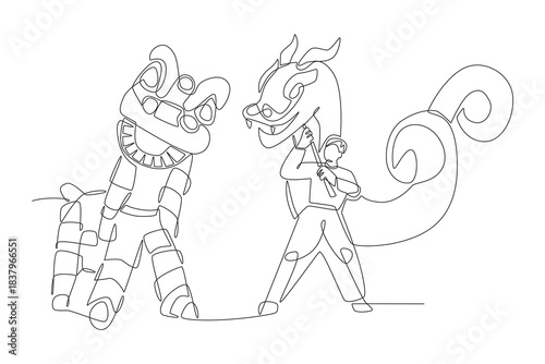 Lion and dragon dances concept one-line drawing