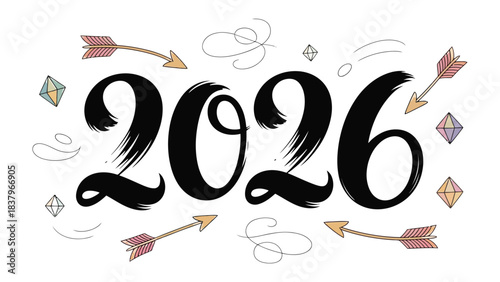 The Year 2026: A visually striking artistic rendering of the number 2026, interwoven with decorative arrows, creating a unique and captivating graphic. The image evokes a sense of journey, future.
