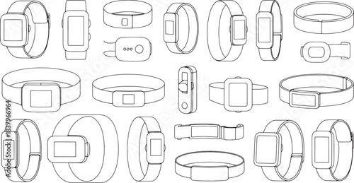 Collection of minimalist line drawings of smartwatches and fitness trackers wearable technology digital watch