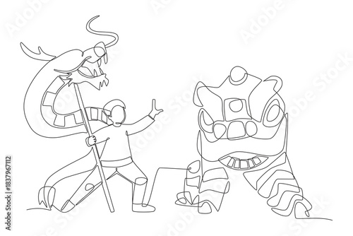 Lion and dragon dances concept one-line drawing