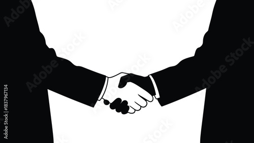 Silhouette handshake close up, business agreement and partnership concept, professional contract deal symbol, corporate cooperation illustration, black and white hands isolated