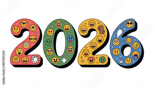 Emoji-filled 2026: A vibrant and playful illustration features the year 2026, each digit intricately adorned with a variety of expressive emoji faces. It evokes feelings of joy, anticipation.