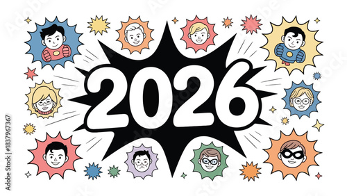 The Year 2026: A vibrant and futuristic graphic that incorporates the year 2026 amid a vivid array of symbolic elements, and cartoon characters to give off a feeling of futuristic and bright outlook.
