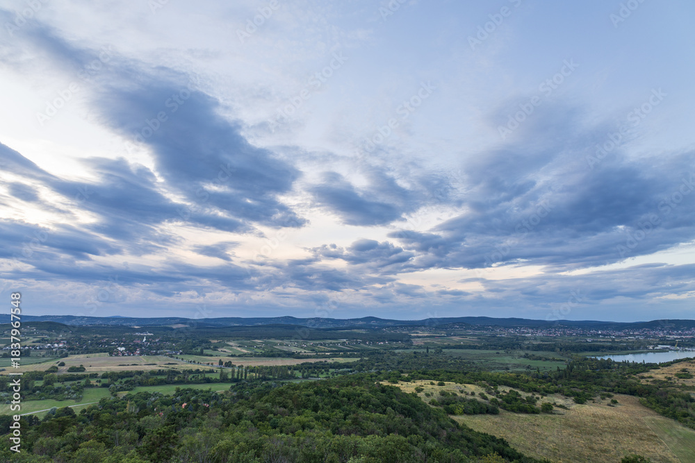 Fototapeta premium Panorama of the landcape and lake, view of Lake Balaton in Hungary