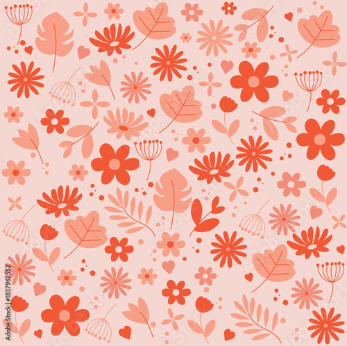 Spring-themed vector pattern with hearts, tulips, and geometric floral elements in shades of pink – romantic and elegant design for fabrics, wrapping paper, wedding decor, and love topics