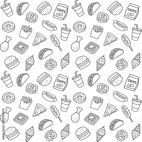 Seamless Fast Food Pattern – Hand Drawn Black and White Junk Food Doodles