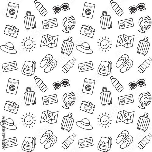 Seamless Travel Essentials Pattern – Hand Drawn Black and White Vacation Doodles
