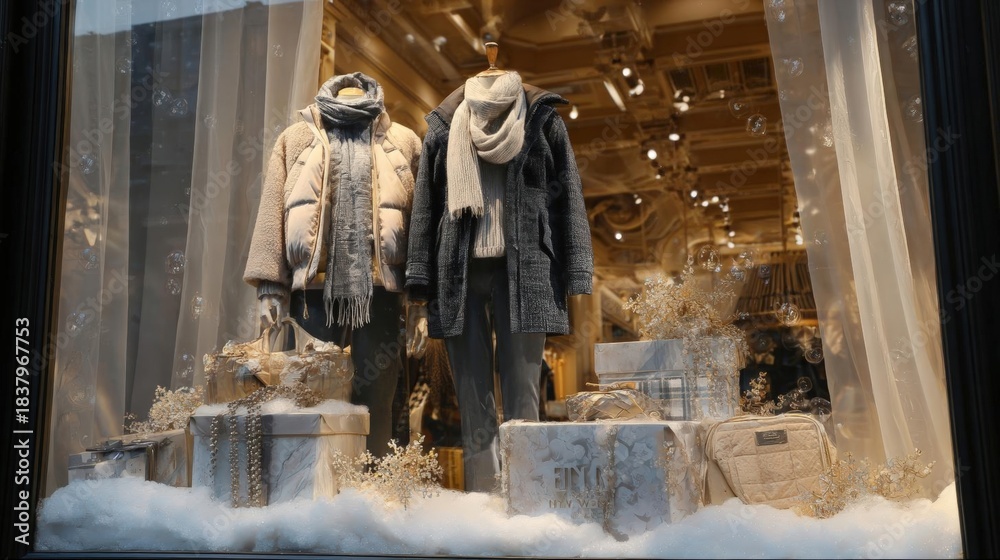 Naklejka premium Window display of a clothing store. the window is made of glass and is decorated with white snowflakes and gold accents.