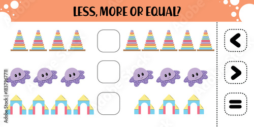 Preschool worksheet for comparing quantities using colorful stackers, jellyfish, and building blocks with less than, more than, or equal symbols