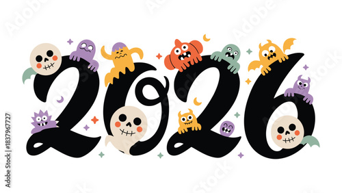 Halloween Fun 2026: A playful scene comes alive with the year 2026, creatively brought to life by charming, quirky Halloween monsters, adding a whimsical touch to the future.