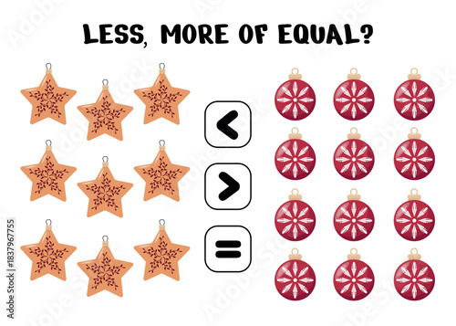 Educational Christmas worksheet for kids to compare quantities using festive star and ball ornaments with less than, more than, or equal symbols