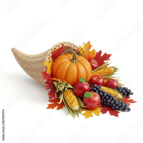 Autumn harvest cornucopia featuring a vibrant pumpkin, apples, grapes, corn, and colorful fall leaves, symbolizing abundance and gratitude