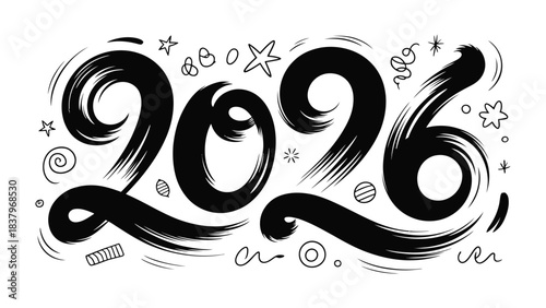 2026: A bold black typography design. Illustrating the numerical figure in a distinct brushstroke. Embodying the concept of future vision and anticipation.