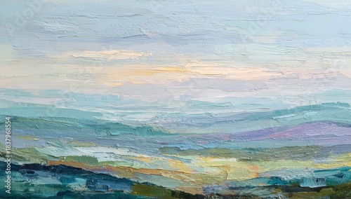 Impasto painting of layered mountains under a sky with subtle light and color gradients
