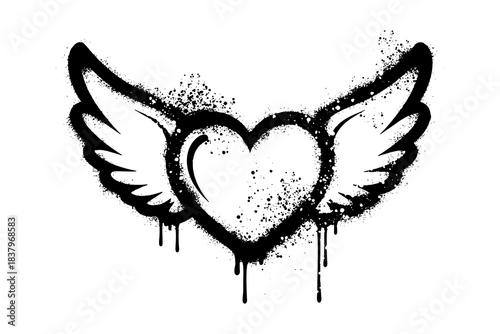 Black graffiti heart with wings icon, spray-painted love and freedom symbol.
