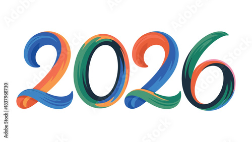 Year 2026: An abstract artistic interpretation of the upcoming year 2026, composed of flowing, brushstroke-style numbers, conveying a sense of optimism, modernity, and the future.