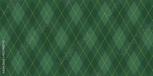 Christmas rhombus seamless pattern. Xmas plaid texture with gold line and stars. Green argyle geometric diamond abstract pattern. Christmas wrapping. Vector illustration isolated on green background.