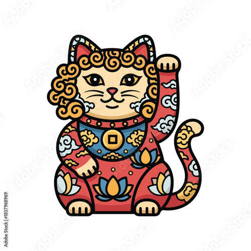 Lucky Cat Illustration - A Traditional Japanese Beckoning Cat Symbol of Good Fortune and Prosperity