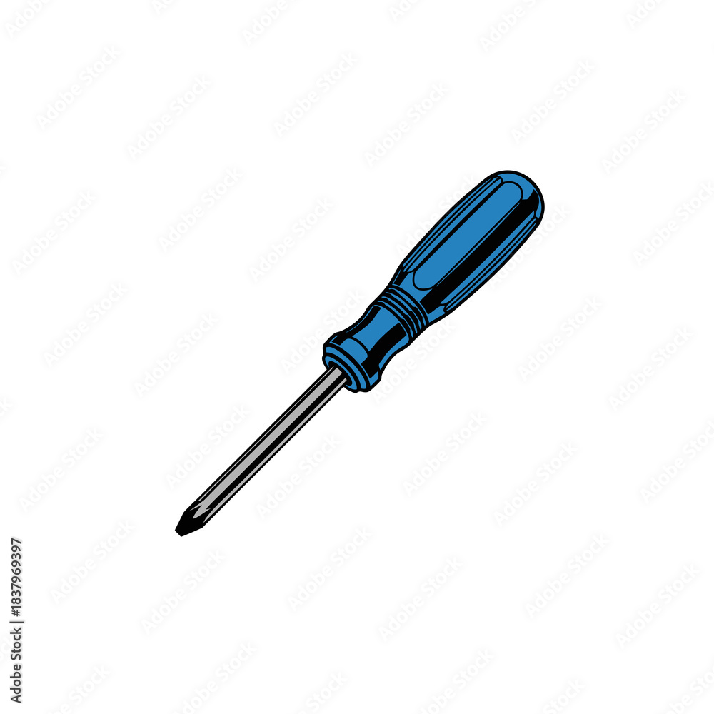 Fototapeta premium Blue handled Phillips head screwdriver, a common hand tool for fastening screws and performing repairs.