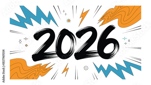 Year 2026: A Dynamic Illustration of the Future: A bold and captivating illustration of the year 2026, set against a backdrop of dynamic shapes and energetic lines.