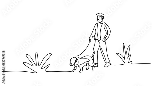 One Line Drawing of a Man Walking His Dog in the Park