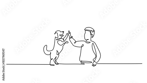 One Line Drawing of a Dog Giving a High Five to its Owner