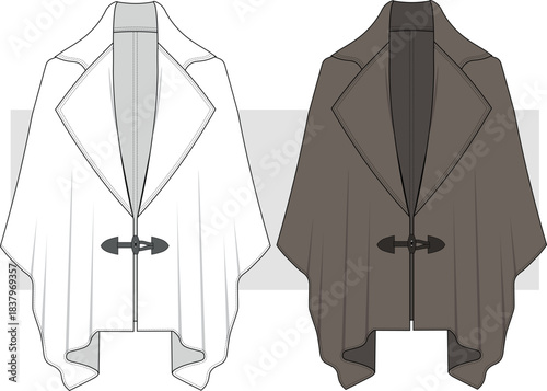 Poncho Coat  Fashion Technical Drawing, Illustration. Poncho Sweater Flat Sketch, Vector. Front Vİew, CAD, Mockup.