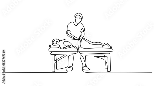 Continuous Line Drawing of a Chiropractor Adjusting a Patient Back, a spinal adjustment.