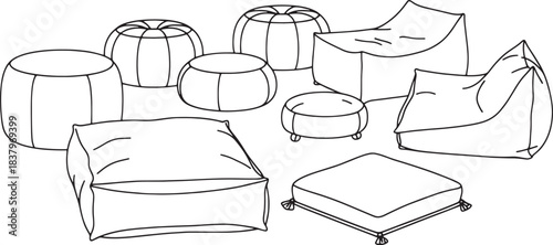 Minimalist line drawing collection of various poufs and bean bag chairs ottoman floor cushion