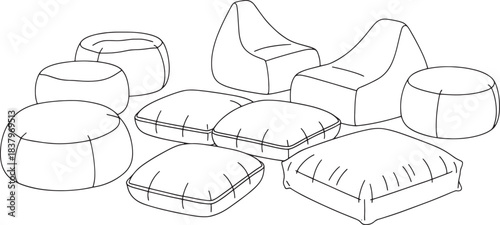 Minimalist line drawing illustration of various bean bag chairs and floor cushions pouf ottoman