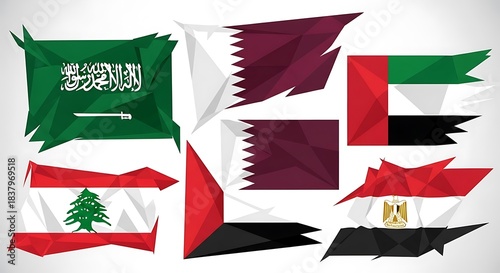 Middle Eastern Flags - Saudi Arabia, Qatar, UAE, Lebanon, Egypt.