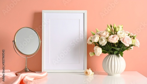 A white table showcases a framed blank image, a round mirror, and a vase of flowers, on a peach-colored wall. A silk drape adds softness