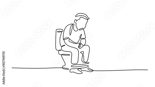Continuous Line Drawing of a Man with Stomach Pain on a Toilet