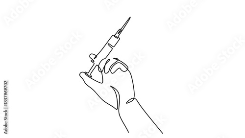 Single Line Hand Drawing of a Medical Injection Syringe