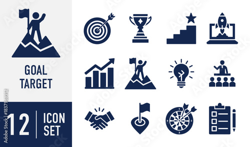 Goal Target icons set. achievement and success, business strategy, ambition, motivation, leadership, progress, and innovation concept collection Vector. Solid icon collection