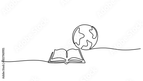 Continuous Line Drawing of a Globe and an Open Book