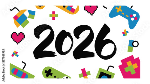 A glimpse into the future: The year 2026 takes center stage, surrounded by gaming elements hinting at thrilling adventures and innovative gaming experiences.
