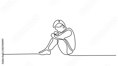One Line Drawing of a Person Hugging Their Knees in Sadness