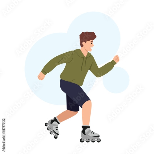 Vector illustration of roller skating. Cartoon scene of a guy in a hoodie, shorts, roller skating, keeping balance isolated on a white background.Physical activity.Strengthening muscles.Roller sports.