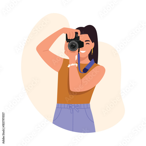 Vector illustration of a talented girl photographer. Cartoon scene of a smiling, beautiful girl holding a portable professional camera with a blue strap, taking a photo isolated on white background.