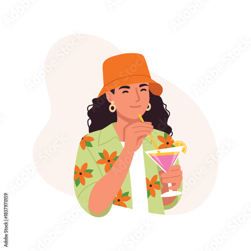 Vector illustration of a happy girl on vacation.Cartoon scene of a girl in a hat, earrings, T-shirt, shirt with a floral print, drinking a tropical cocktail from a straw isolated on white background.