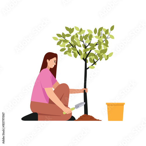 Vector illustration of a girl planting a tree. Cartoon scene of a cute girl planting a tree with green leaves in the ground, holding a shovel, a pot, isolated on white background. Environmental care