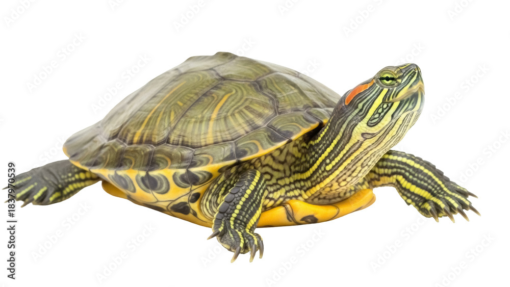 Obraz premium Isolated red-eared slider turtle is looking upward, popular pet, nature and wildlife concept