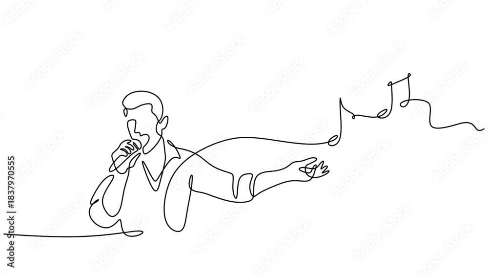 Obraz premium Single Line Art of a Man Singing with Abstract Music Notes