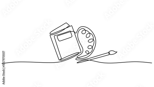 Continuous Line Art of a Watercolor Book and Paint Palette
