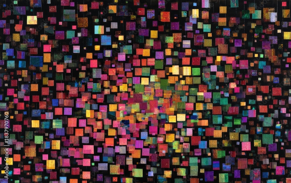 Fototapeta premium An abstract composition featuring a vibrant array of multicolored squares against a dark backdrop