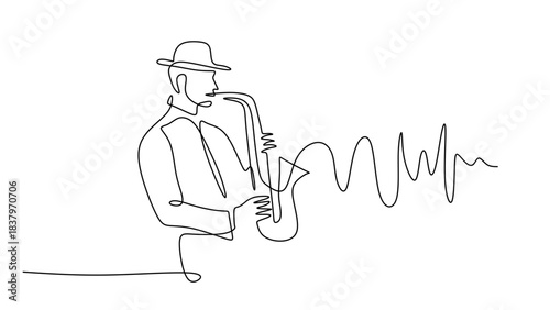 Continuous Line Drawing of a Musician Playing Saxophone