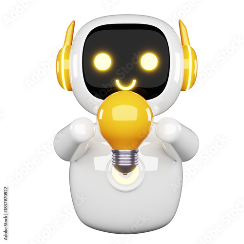 Friendly white robot mascot cheerfully presents a glowing yellow lightbulb symbolizing innovation and bright new ideas against a dark background