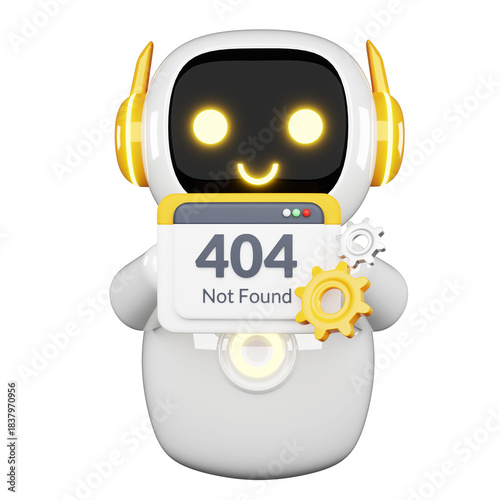 Friendly white robot mascot cheerfully displays a 404 Not Found error page alongside glowing gears against a dark background perfect for tech support visuals