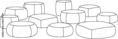 Minimalist line drawing illustration of various pouf ottomans floor cushion seating
